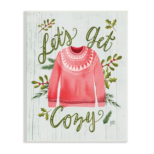 Stupell Industries Let's Get Cozy Holly Plants Pink Winter Sweater Wall Plaque